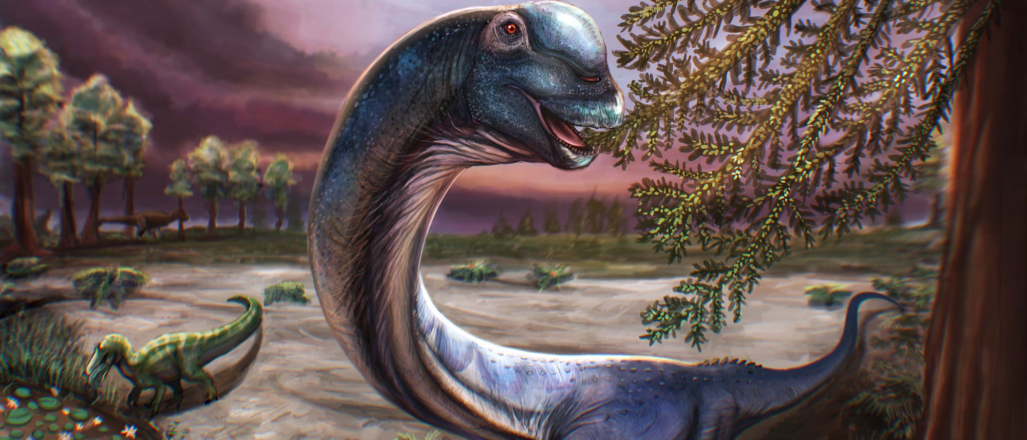 Eine k&uuml;nstlerische Darstellung einer pr&auml;historischen Landschaft mit einem gro&szlig;en Dinosaurier im Vordergrund, der an einem Baumzweig frisst. Der Dinosaurier hat einen langen Hals und einen massiven K&ouml;rper. Im Hintergrund sind weitere Dinosaurier und eine bewaldete Landschaft unter einem dramatischen Himmel zu sehen. Die Szene vermittelt eine lebendige und dynamische Atmosph&auml;re der Urzeit.