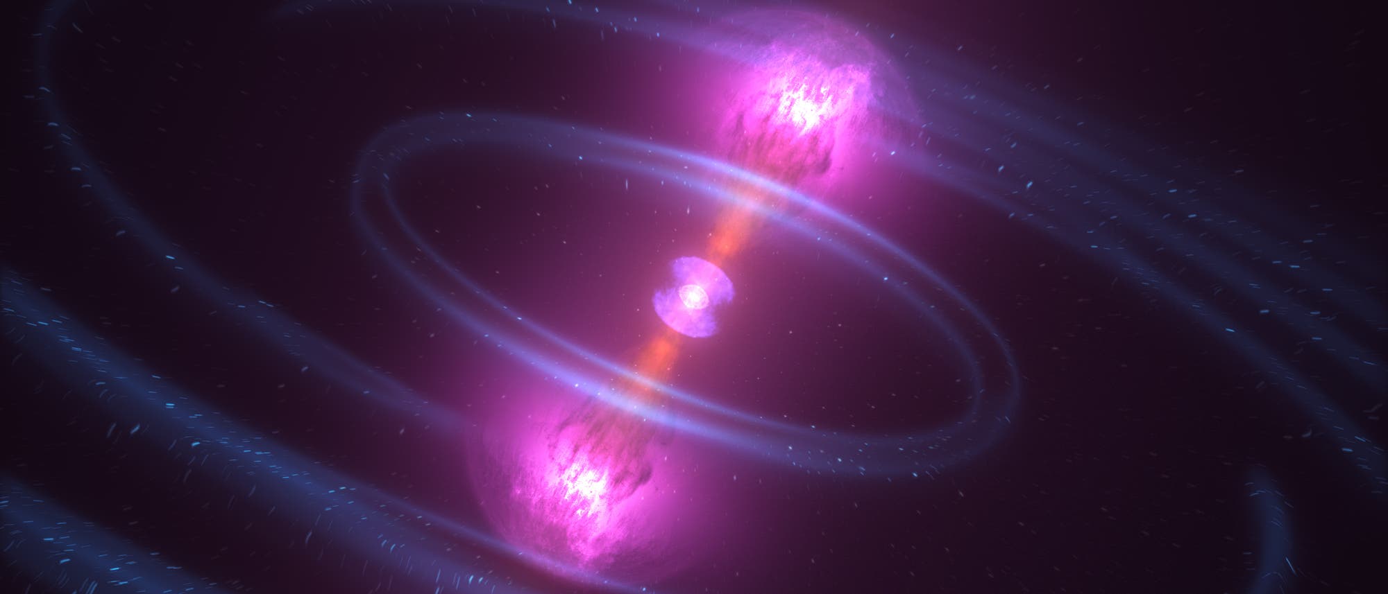 Illustration eines astronomischen Ereignisses im Weltraum, das die Kollision zweier Neutronensterne darstellt. Zwei leuchtend violette Objekte sind von konzentrischen, bl&auml;ulichen Wellen umgeben, die sich nach au&szlig;en ausbreiten. Ein heller, orangefarbener Strahl verl&auml;uft vertikal durch die Mitte der Szene. Der Hintergrund ist dunkel mit verstreuten Lichtpunkten, die Sterne darstellen.