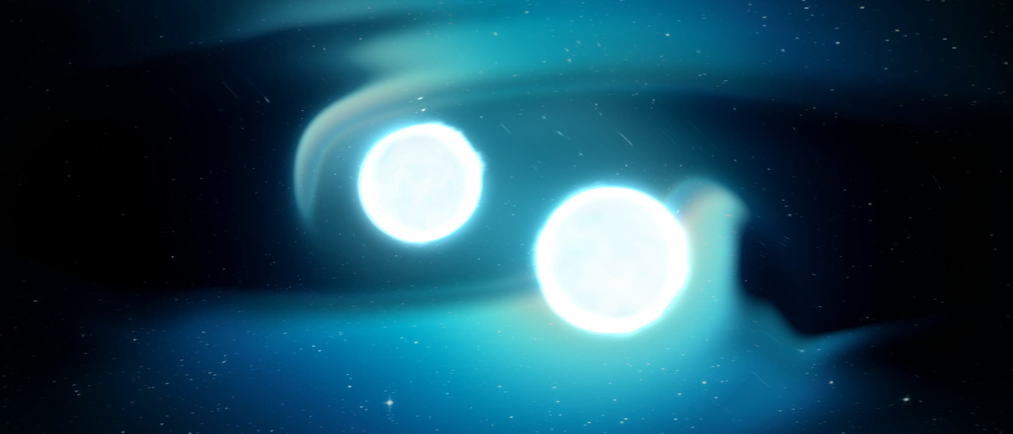 Eine k&uuml;nstlerische Darstellung von zwei hellen, leuchtenden Sternen, die sich im Weltraum umkreisen. Die Sterne sind von einem blauen, wirbelnden Nebel umgeben, der ihre Bewegung andeutet. Der Hintergrund zeigt einen sternen&uuml;bers&auml;ten Nachthimmel. Diese Darstellung veranschaulicht ein astronomisches Ph&auml;nomen, bei dem zwei Sterne in einem bin&auml;ren System interagieren.
