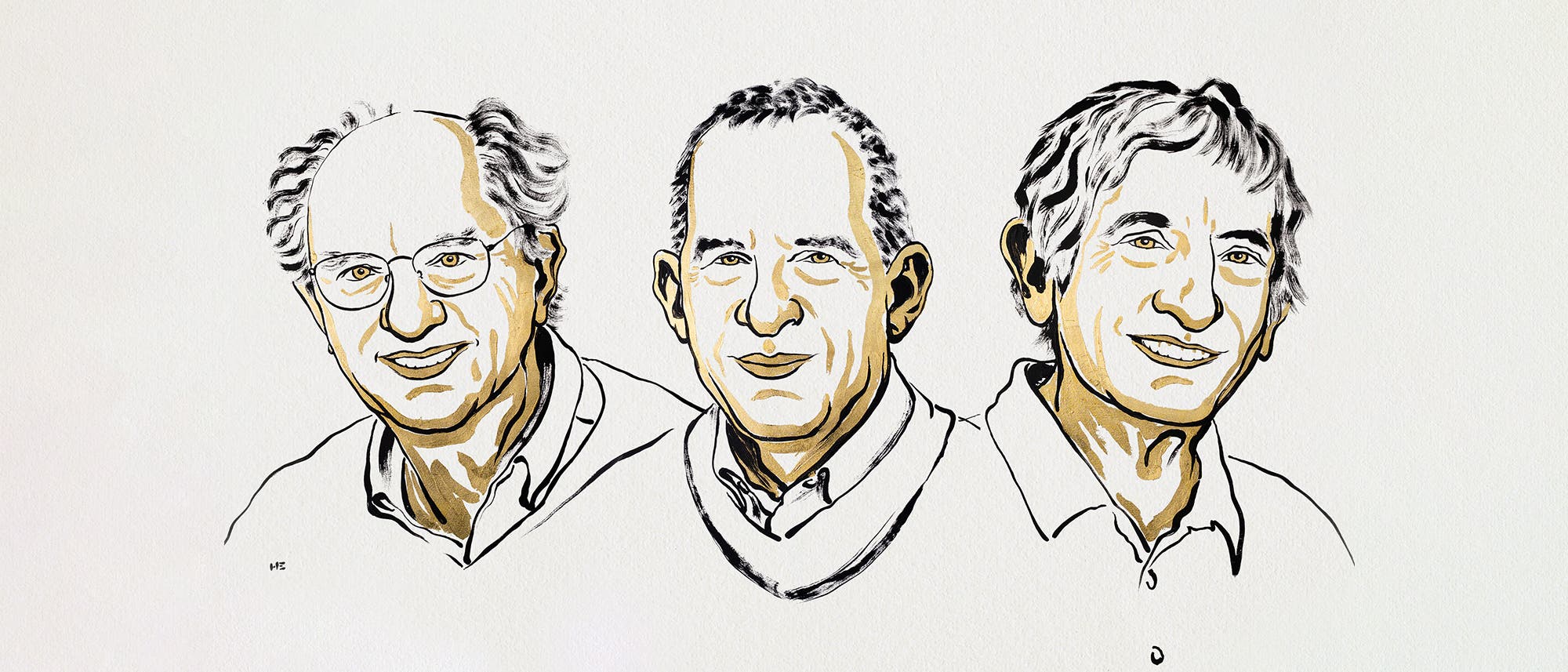 Eine künstlerische Illustration von drei Personen, die nebeneinander dargestellt sind. Die Zeichnung verwendet schwarze und goldene Linien, um die Gesichtszüge und Kleidung der Personen hervorzuheben. Die Personen blicken freundlich und direkt nach vorne. Die Illustration ist stilisiert und konzentriert sich auf die wesentlichen Merkmale der Gesichter.