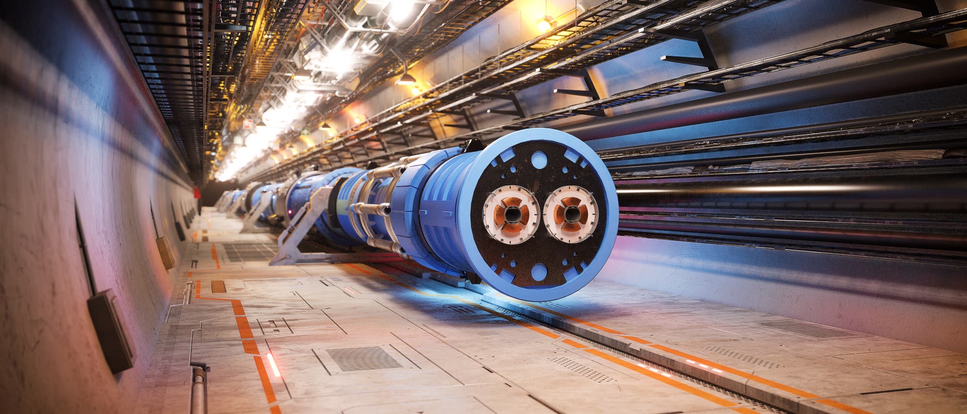 Ein langer, beleuchteter Tunnel mit einem großen, blauen zylindrischen Gerät, das Teil eines Teilchenbeschleunigers ist. Die Struktur ist von Kabeln und technischen Installationen umgeben. Der Boden ist mit orangefarbenen Linien markiert. Keine Menschen sind sichtbar. Ein langer, beleuchteter Tunnel mit einem großen, blauen zylindrischen Gerät, das Teil eines Teilchenbeschleunigers ist. Die Struktur ist von Kabeln und technischen Installationen umgeben. Der Boden ist mit orangefarbenen Linien markiert. Keine Menschen sind sichtbar.