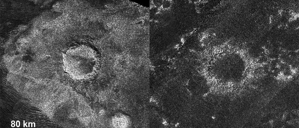 Radarbilder von zwei Einschlagkratern auf dem Saturnmond Titan