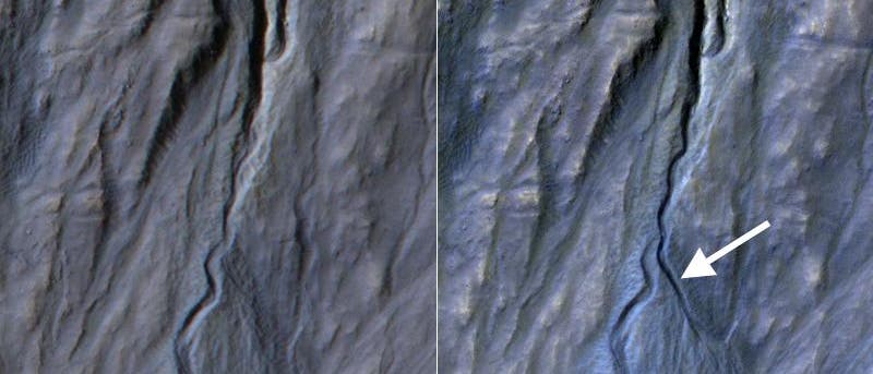 Eine Erosionsrinne auf dem Mars verändert sich