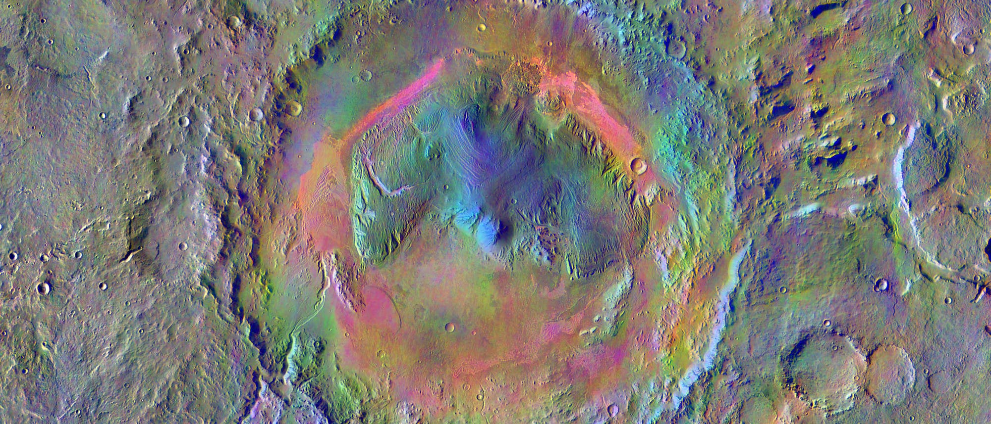 Der Krater Gale auf dem Mars. Der Marsrover Curiosity ist im Jahr 2012 in diesem Krater gelandet.