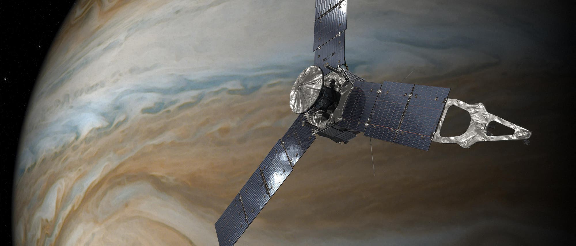 Juno überfliegt den Großen Roten Fleck auf Jupiter (Künstlerische Darstellung)
