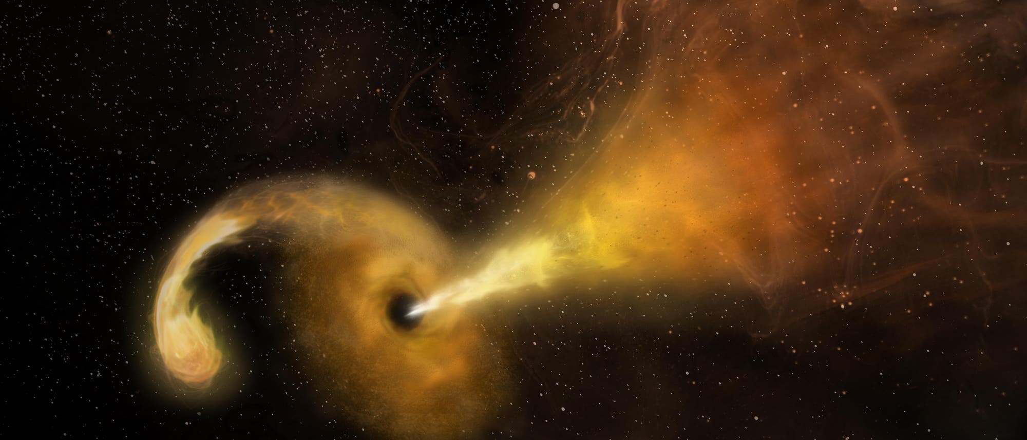 Illustration eines schwarzen Lochs im Weltraum, das Materie von einem nahen Stern anzieht. Die Materie bildet eine leuchtende Akkretionsscheibe um das schwarze Loch und erzeugt einen hellen Jet aus Energie, der nach rechts strahlt. Der Hintergrund zeigt einen sternen&uuml;bers&auml;ten Weltraum. Schl&uuml;sselw&ouml;rter: schwarzes Loch, Akkretionsscheibe, Jet, Weltraum, Astronomie.