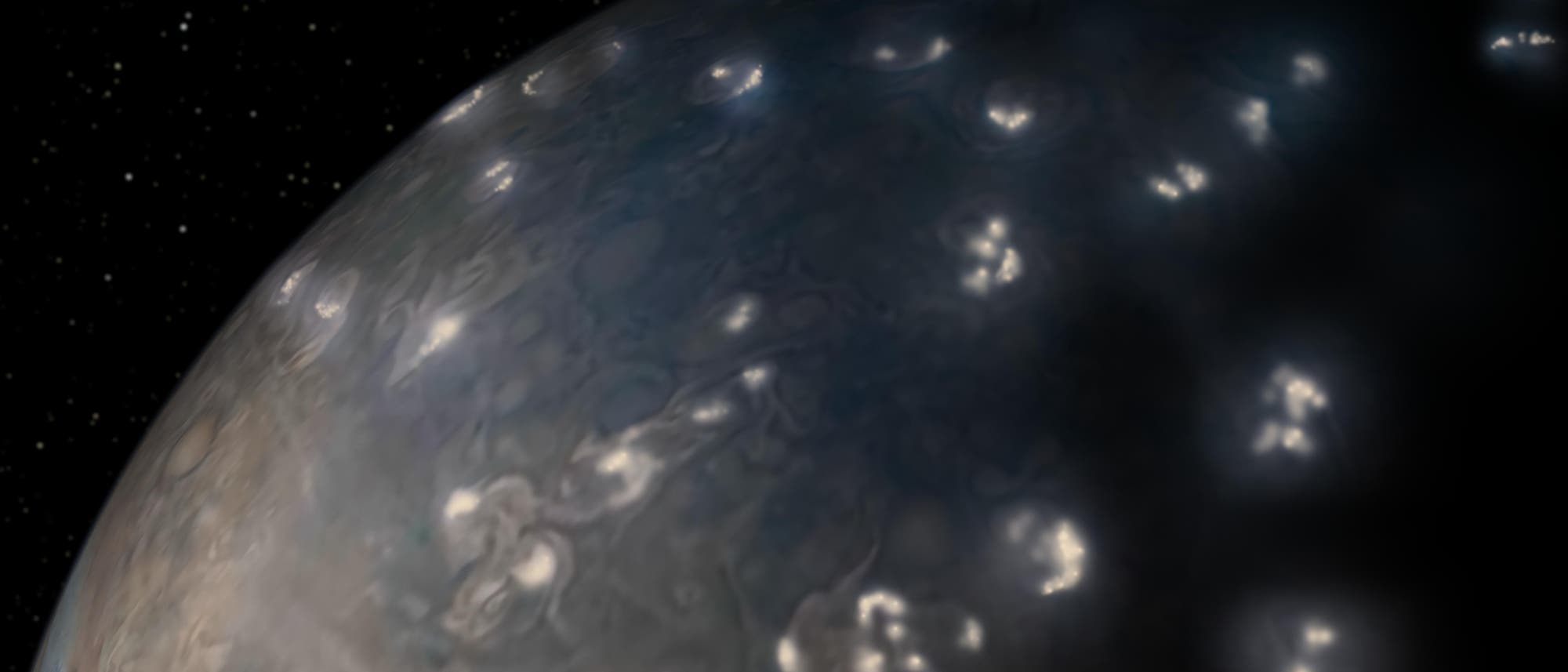 Ein Quadrant von Jupiter mit angedeuteten Unwettern und Blitzen.