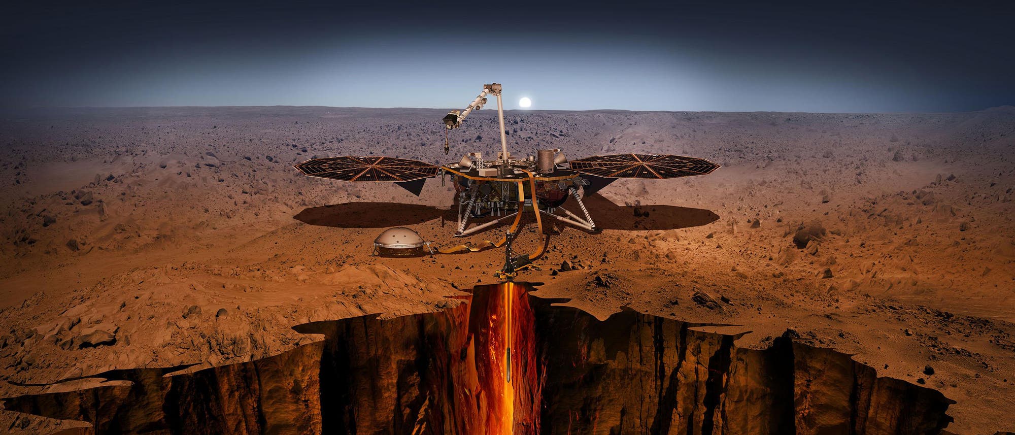 Die künstlerische Darstellung zeigt, wie der Marslander InSight das Innere des Roten Planeten vermisst.