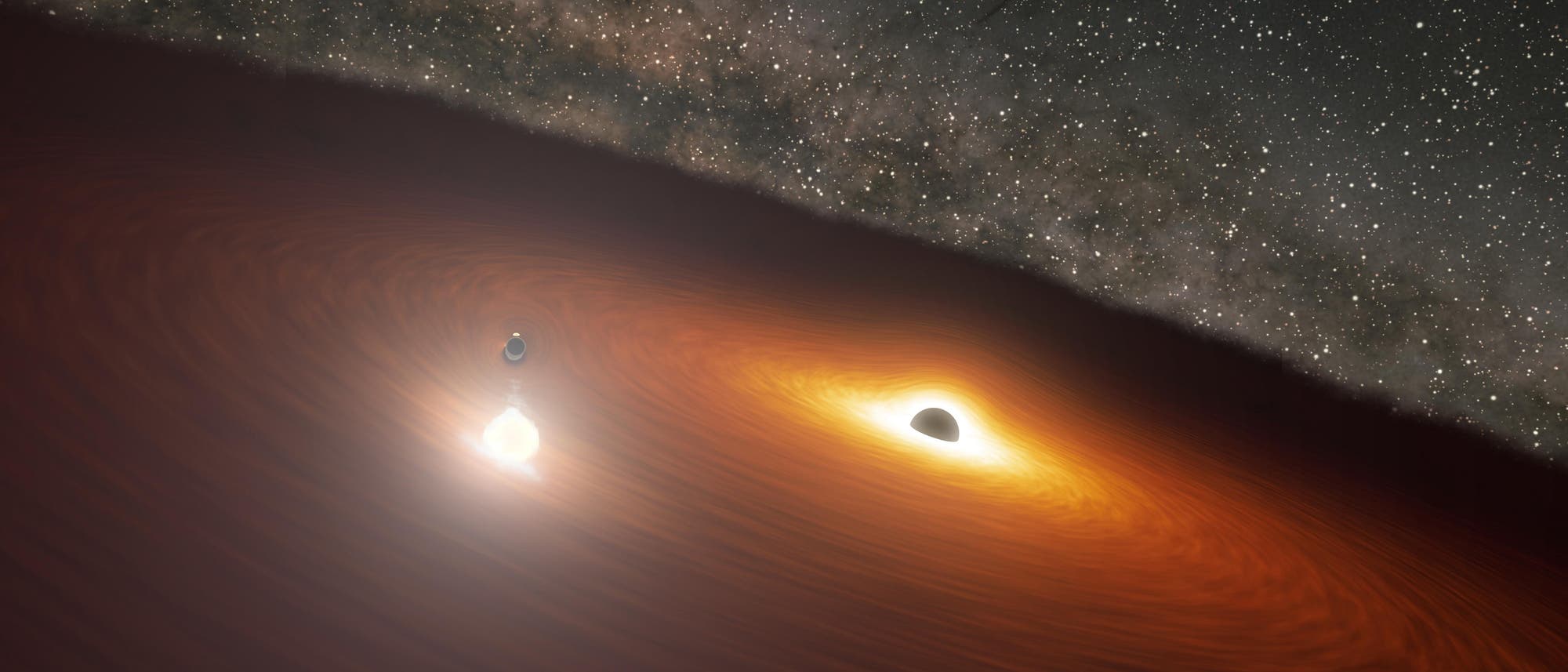 Illustration der beiden massereichen Schwarzen Löcher in der Galaxie OJ 287