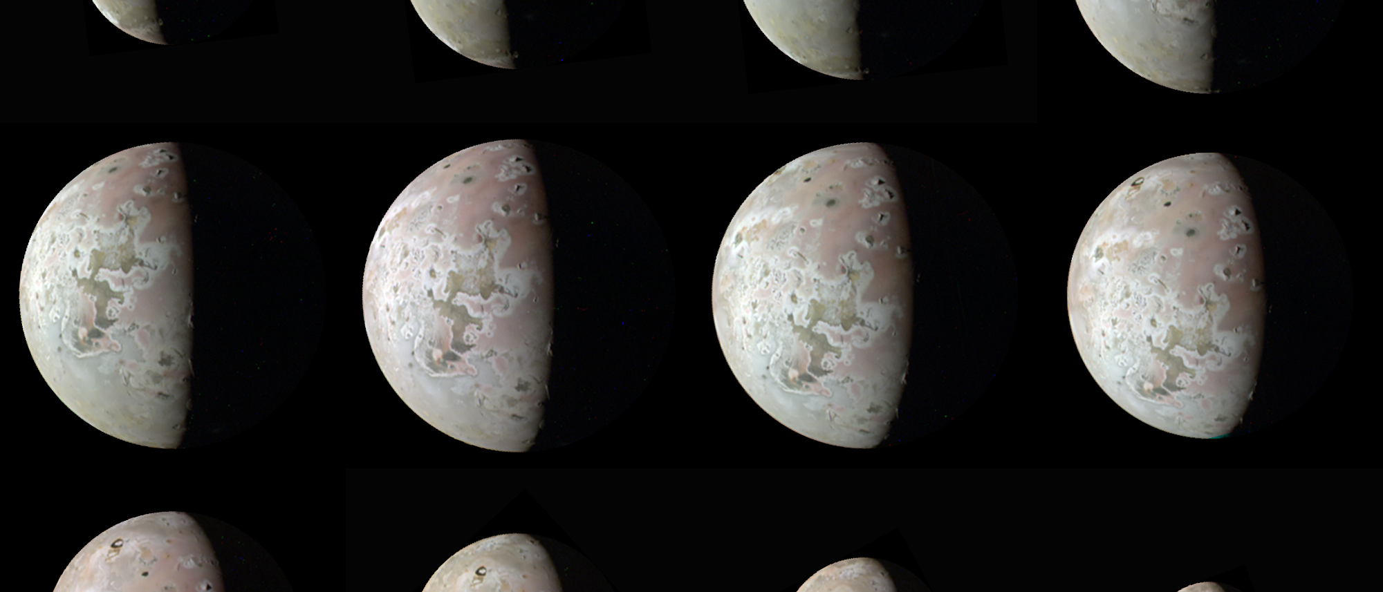 Zwölf Ansichten des Jupitermonds Io von der Raumsonde Juno