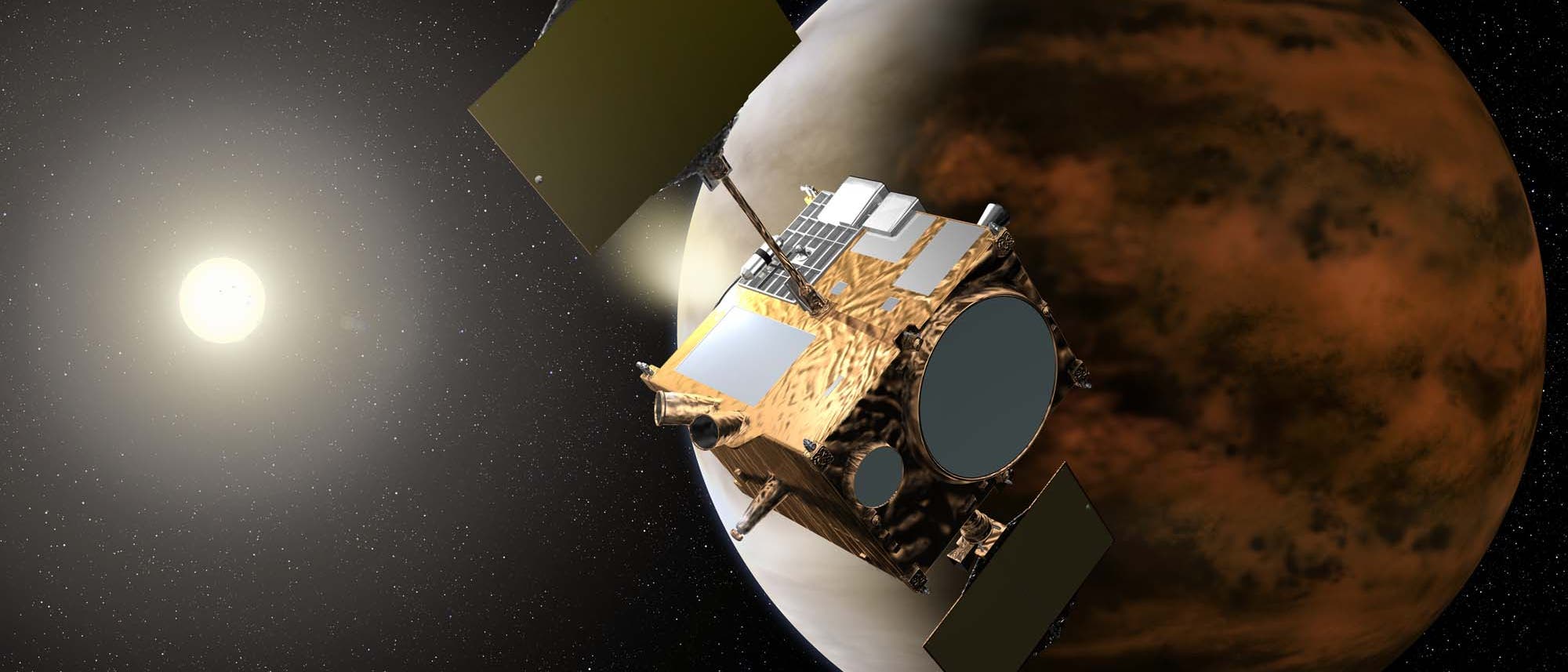 Eine Raumsonde umkreist einen Planeten im Weltraum. Der Planet zeigt eine rötlich-braune Oberfläche, während die Sonde mit großen Solarpaneelen ausgestattet ist. Im Hintergrund ist die Sonne zu sehen, die das Bild beleuchtet. Der Sternenhimmel bildet den Hintergrund der Szene. Eine Raumsonde umkreist einen Planeten im Weltraum. Der Planet zeigt eine rötlich-braune Oberfläche, während die Sonde mit großen Solarpaneelen ausgestattet ist. Im Hintergrund ist die Sonne zu sehen, die das Bild beleuchtet. Der Sternenhimmel bildet den Hintergrund der Szene.