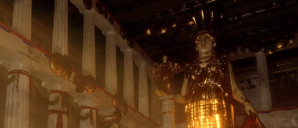 Eine 3-D-Darstellung eines antiken Tempelinnenraums mit einer großen, goldenen Statue im Zentrum. Die Statue steht zwischen hohen Marmorsäulen, die den Raum umgeben. Der Tempel ist reich verziert mit goldenen und roten Akzenten. Im Vordergrund sind kleinere Statuen und Altäre zu sehen, die von Kerzenlicht beleuchtet werden. Die Atmosphäre ist feierlich und mystisch, mit einem warmen Licht, das den Raum durchflutet.