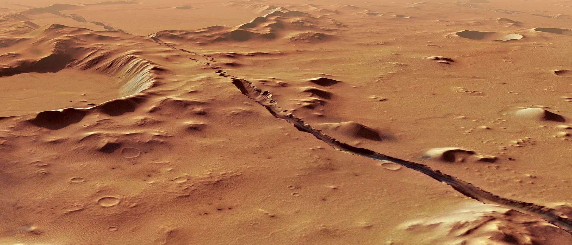 Perspektivische Ansicht der Cerberus Fossae auf dem Mars