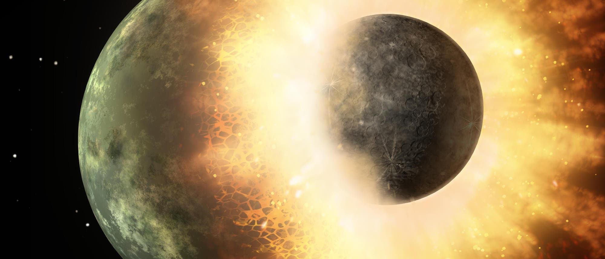 Die Entstehung des Mondes durch den "Giant Impact" (künstlerische Darstellung)