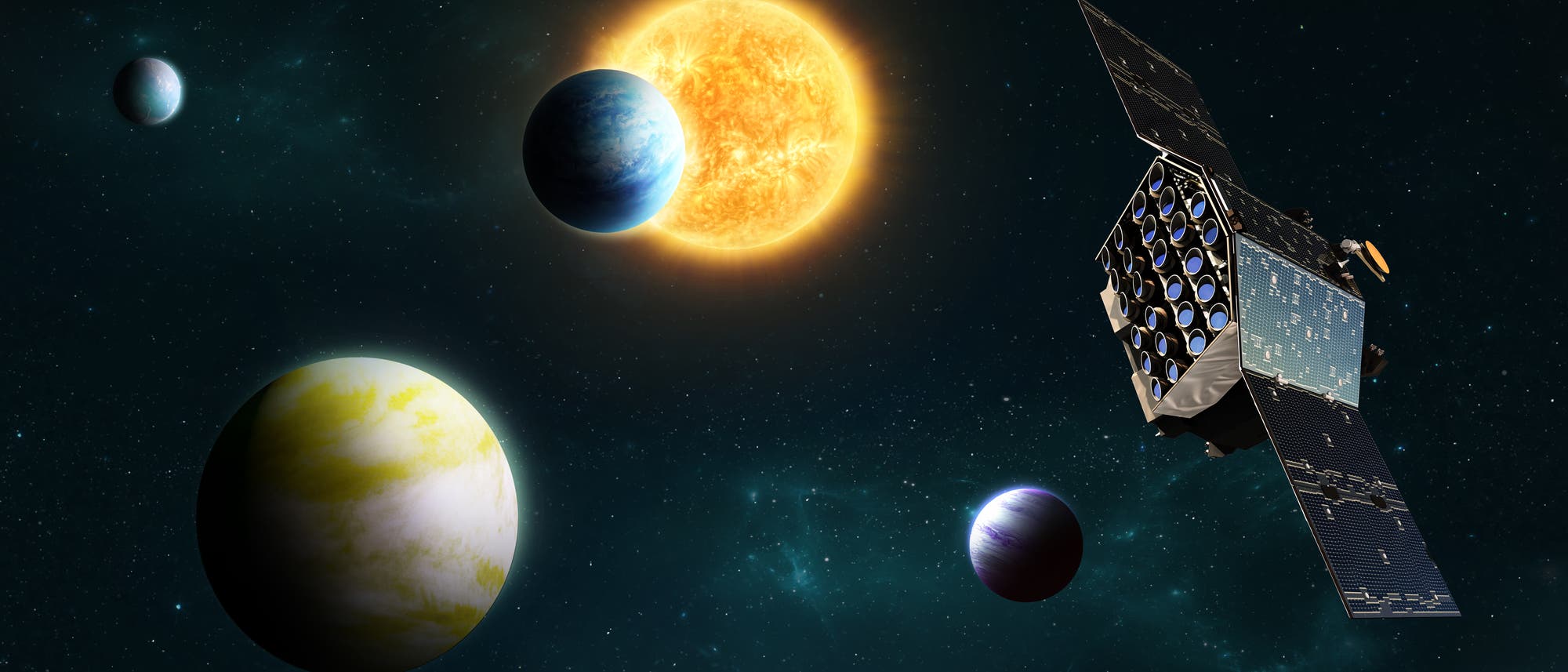 Ein Satellit schwebt im Weltraum, umgeben von mehreren Planeten und einem leuchtenden Stern im Hintergrund. Der Satellit ist mit Solarpaneelen ausgestattet und scheint auf eine Mission gerichtet zu sein. Die Planeten variieren in Farbe und Größe, während der Stern hell strahlt. Der dunkle Weltraum bildet den Hintergrund. Ein Satellit schwebt im Weltraum, umgeben von mehreren Planeten und einem leuchtenden Stern im Hintergrund. Der Satellit ist mit Solarpaneelen ausgestattet und scheint auf eine Mission gerichtet zu sein. Die Planeten variieren in Farbe und Größe, während der Stern hell strahlt. Der dunkle Weltraum bildet den Hintergrund.