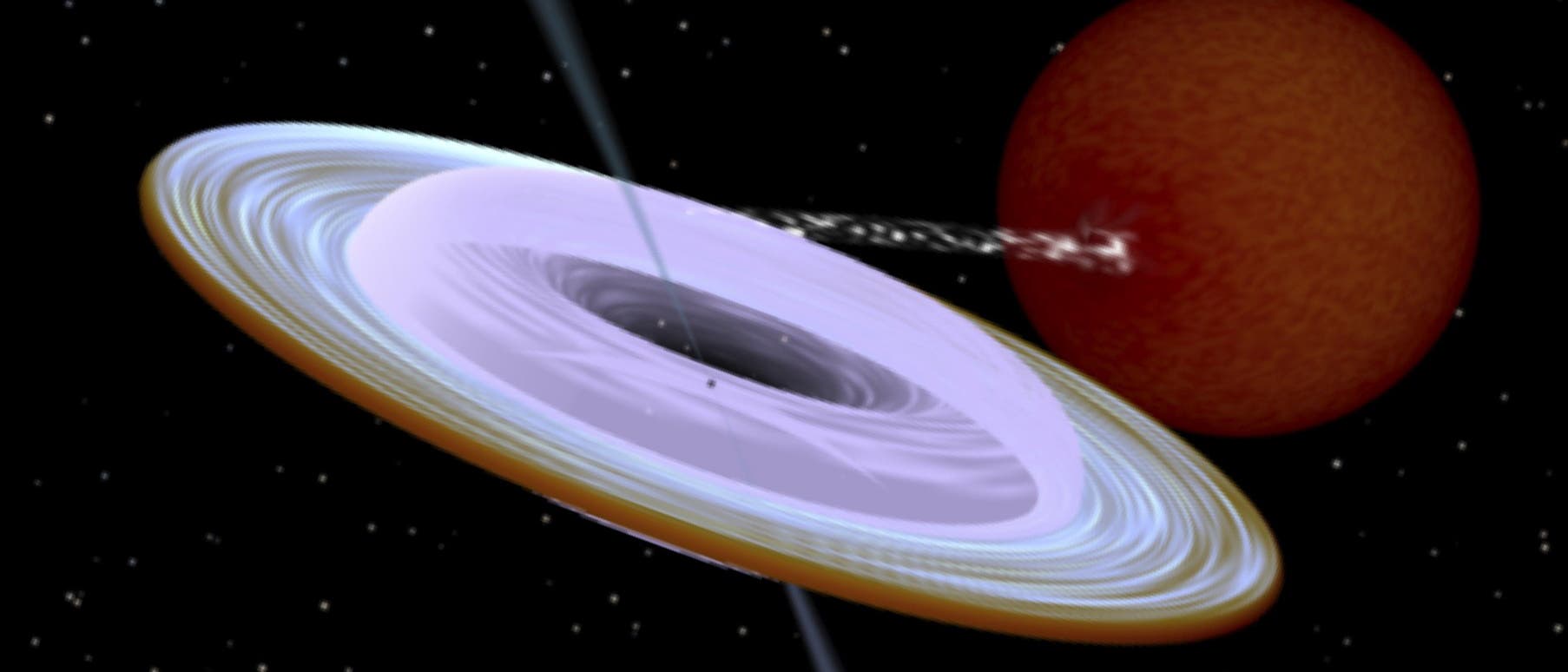 Künstlerische Darstellung des binären Systems aus einem Schwarzen Loch mit Akkretionsscheibe und einem Stern