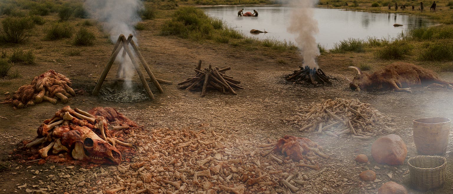 Eine prähistorische Szene zeigt einen Lagerplatz mit Knochen und Tierüberresten, die auf dem Boden verstreut sind. Zwei Feuerstellen mit aufsteigendem Rauch sind sichtbar, umgeben von Holzstapeln. Im Hintergrund befindet sich ein kleiner Teich mit Menschen, die am Ufer stehen. Die Landschaft ist flach und von Büschen und Bäumen umgeben. Eine prähistorische Szene zeigt einen Lagerplatz mit Knochen und Tierüberresten, die auf dem Boden verstreut sind. Zwei Feuerstellen mit aufsteigendem Rauch sind sichtbar, umgeben von Holzstapeln. Im Hintergrund befindet sich ein kleiner Teich mit Menschen, die am Ufer stehen. Die Landschaft ist flach und von Büschen und Bäumen umgeben.