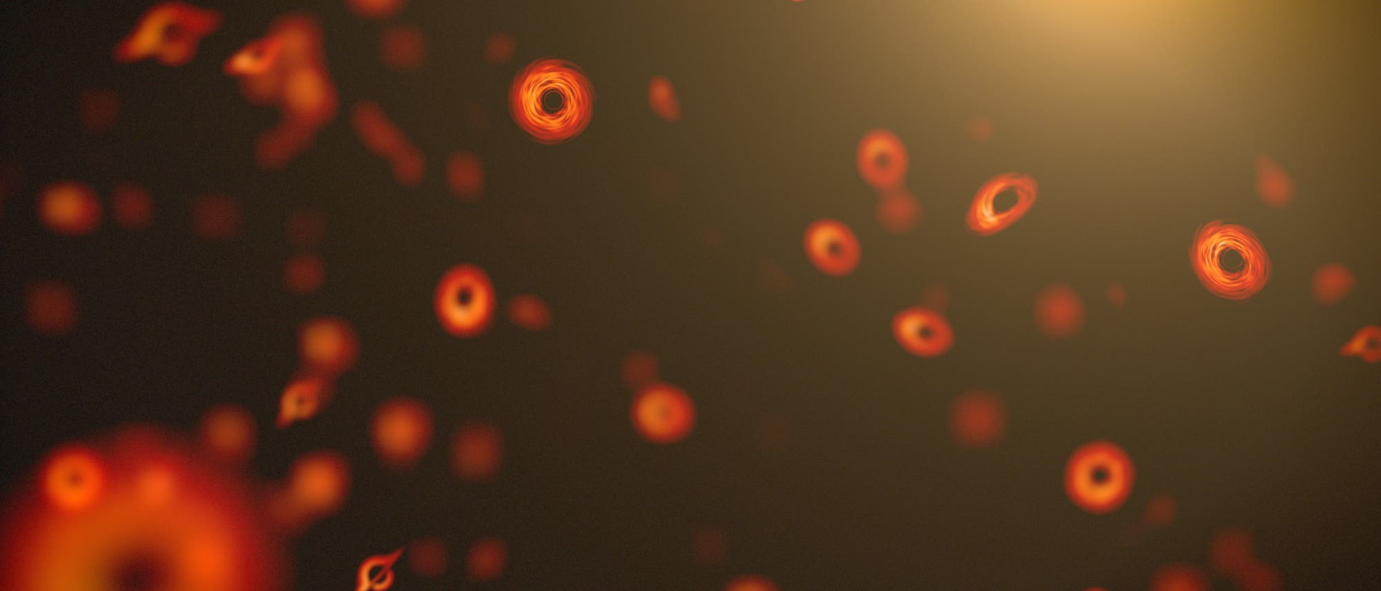 Eine k&uuml;nstlerische Darstellung von mehreren rot leuchtenden, scheibenf&ouml;rmigen Strukturen, die im Weltraum schweben. Diese Strukturen &auml;hneln Galaxien oder Akkretionsscheiben um schwarze L&ouml;cher. Der Hintergrund ist dunkel, mit einem hellen Lichtschein in der oberen rechten Ecke, der m&ouml;glicherweise eine entfernte Lichtquelle darstellt. Das Bild vermittelt ein Gef&uuml;hl von Tiefe und Bewegung im Universum. Schl&uuml;sselw&ouml;rter: Astronomie, Galaxien, schwarze L&ouml;cher, Weltraum.