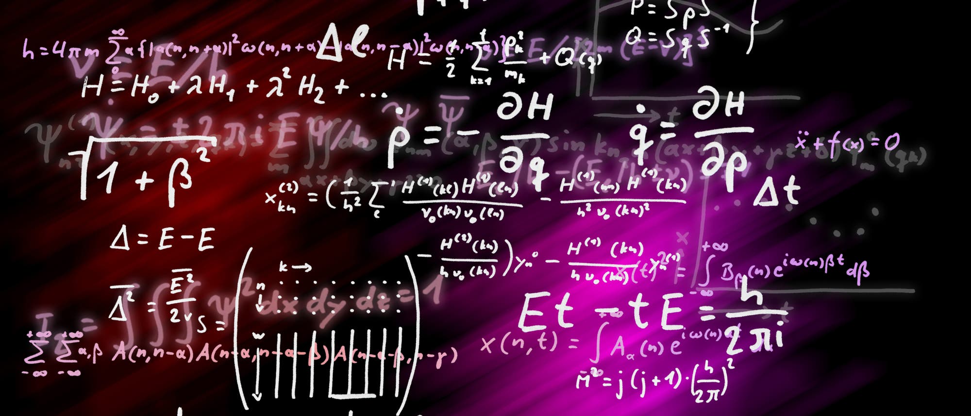 Physikalische Formeln, die in weißer Schrift auf einem Hintergrund mit violetten und schwarzen diagonalen Streifen geschrieben sind. Die Formeln umfassen verschiedene mathematische Symbole, Gleichungen und Variablen aus der Quantenmechanik.