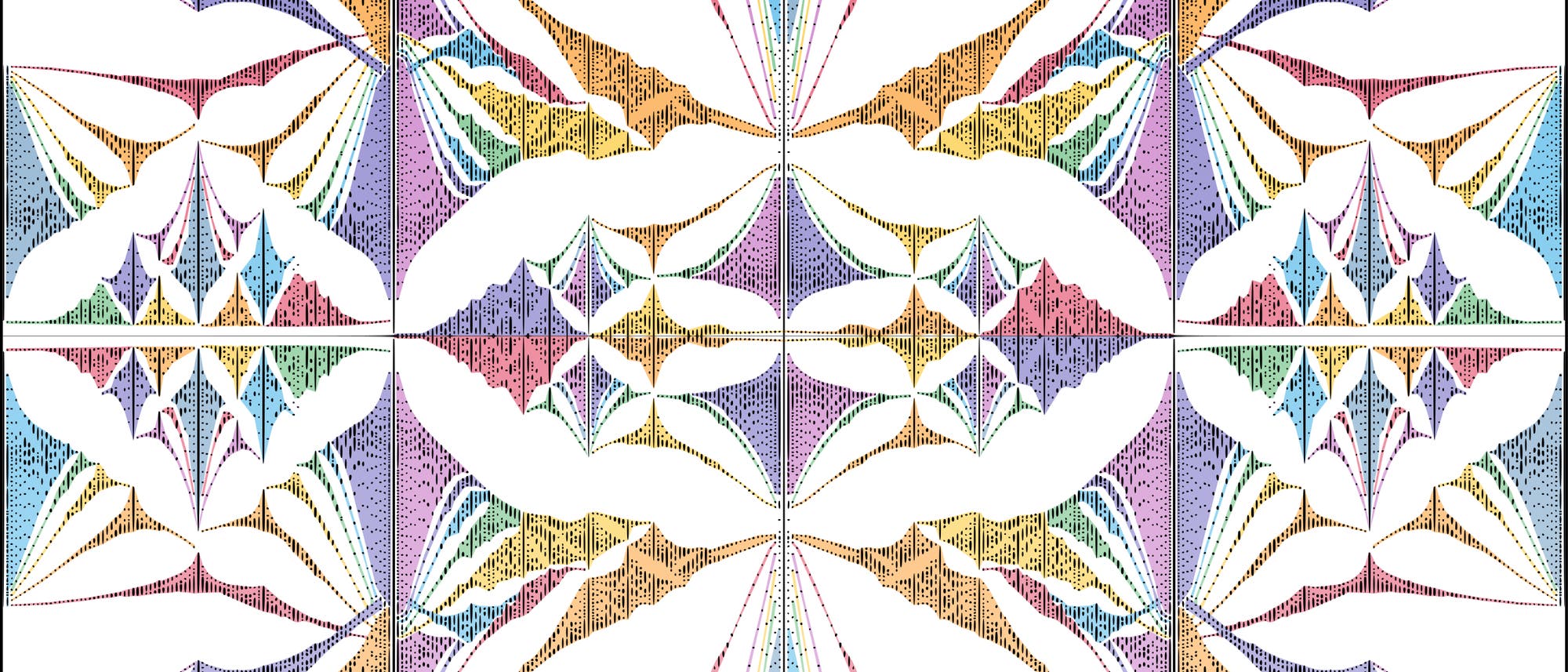 Ein symmetrisches, fraktales Muster mit komplexen, geometrischen Formen, die in verschiedenen Farben wie Blau, Grün, Gelb, Rot und Lila dargestellt sind. Die Formen erstrecken sich von einem zentralen Punkt aus und wiederholen sich in einem spiegelbildlichen Design, das an gefaltete Flügel oder Fächer erinnert.