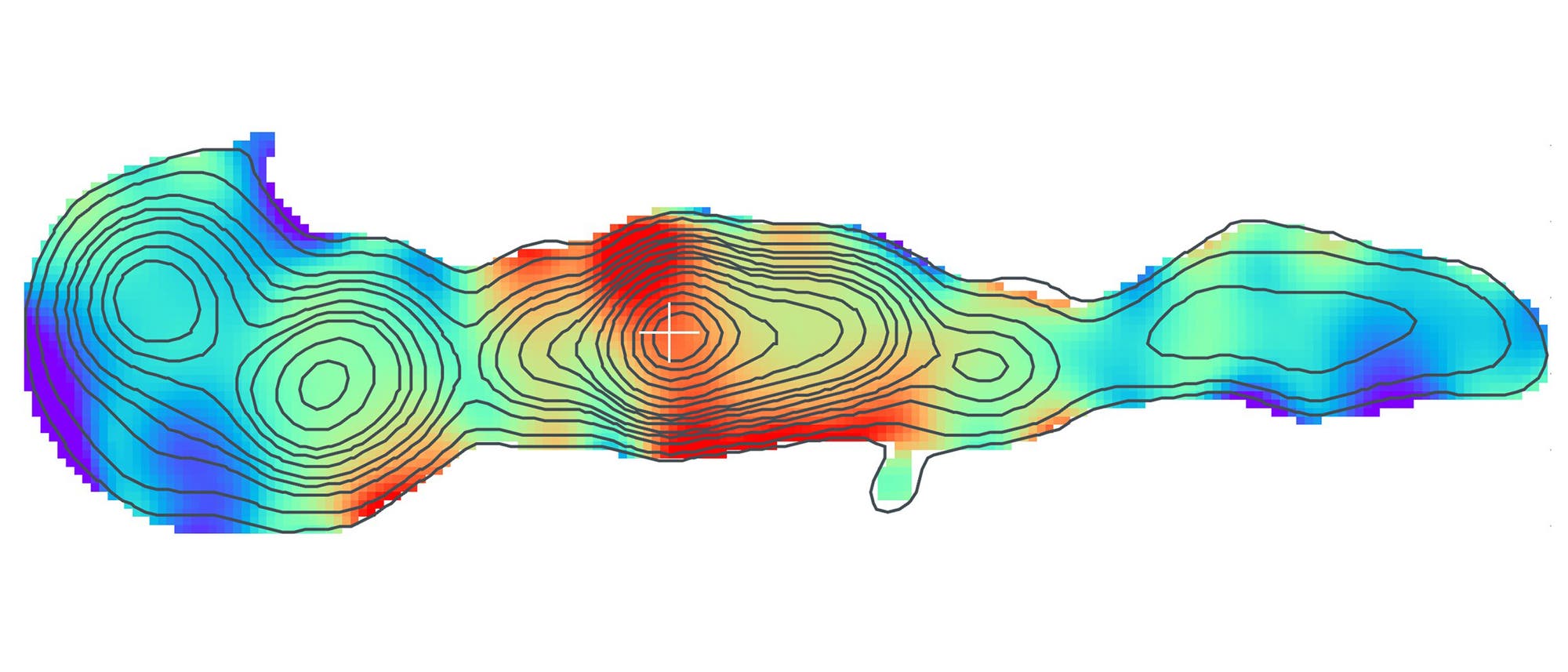 Eine Konturenkarte zeigt farbige Linien, die unterschiedliche Intensit&auml;tswerte darstellen. Die Farben reichen von Blau &uuml;ber Gr&uuml;n bis Rot, wobei Rot die h&ouml;chsten Werte anzeigt. Die Linien sind dicht beieinander in den roten Bereichen, was auf steile Gradienten hinweist.