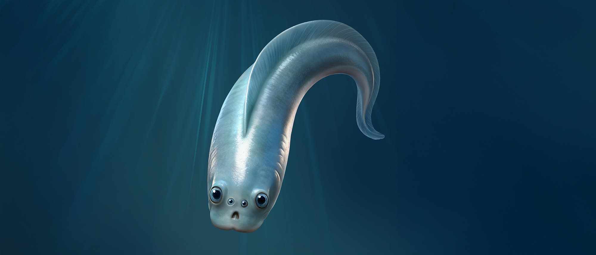 Eine k&uuml;nstlerische Darstellung eines fisch&auml;hnlichen Meereswesens, das in einem tiefblauen Ozean schwimmt. Das Wesen hat einen l&auml;nglichen, gl&auml;nzenden K&ouml;rper und gro&szlig;e, ausdrucksstarke Augen. Und zwar vier.