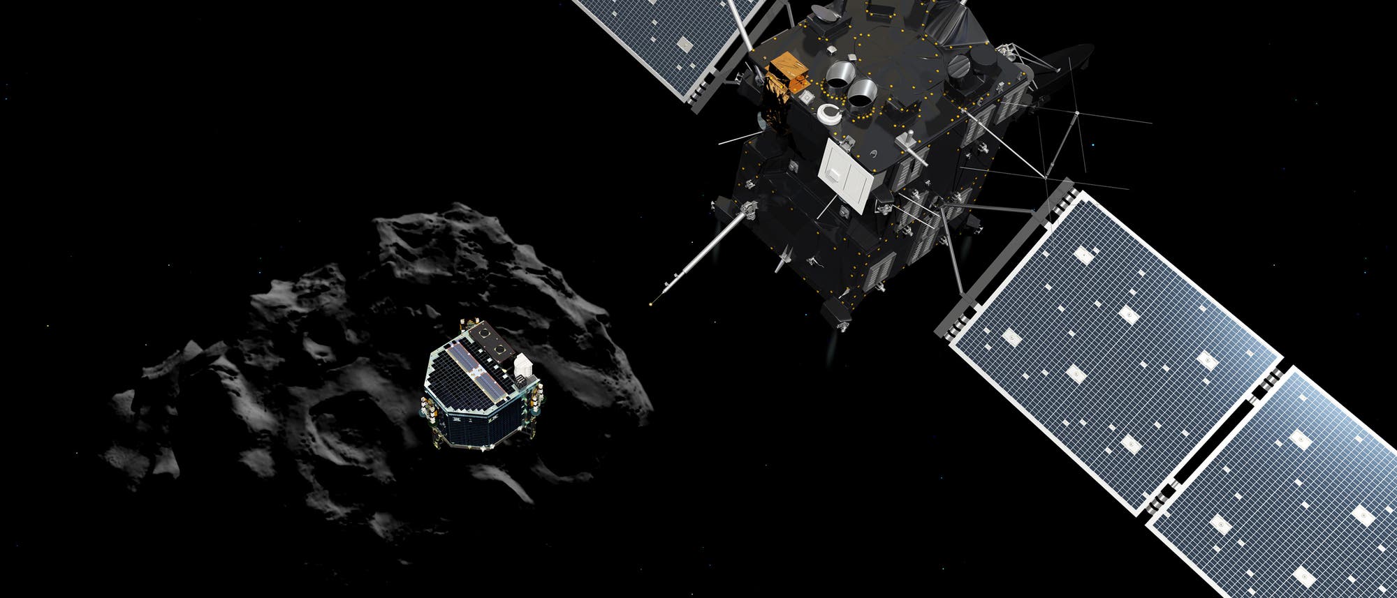 Künstlerische Darstellung von Rosetta vor dem Kometen 67P/Churyumov-Gerasimenko