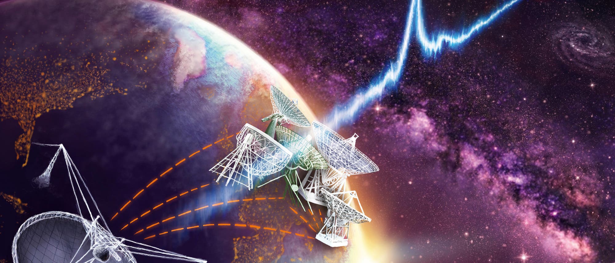 Bestimmung eines Radioblitzes mit Hilfe der Radioantennen des europäischen Very-­Large-Baseline-Netzwerks, deren größte die 100-Meter-Antenne in Effelsberg bei Bonn ist, in Kombination mit dem 300-Meter-Radioteleskop bei Arecibo auf Puerto Rico.