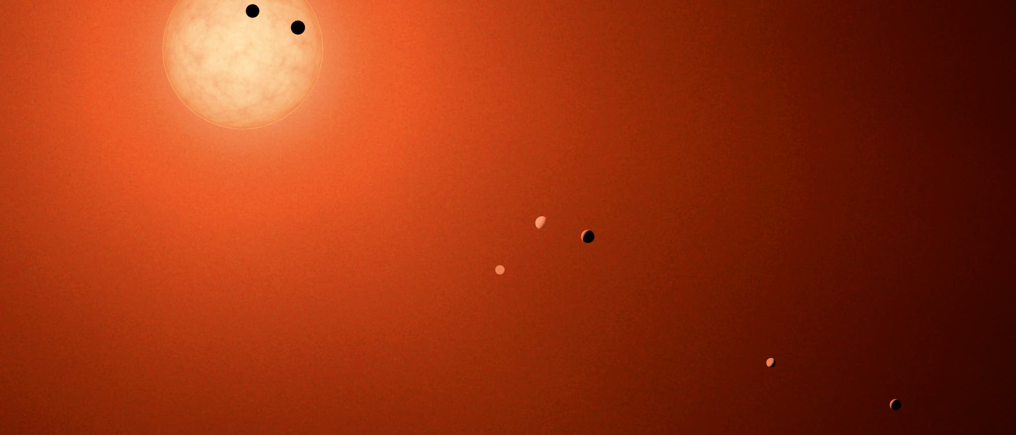 Der rund 40 Lichtjahre von uns entfernte rote Zwergstern TRAPPIST-1 im Sternbild Wassermann wird von sieben Planeten mit annähernder Erdgröße umrundet.