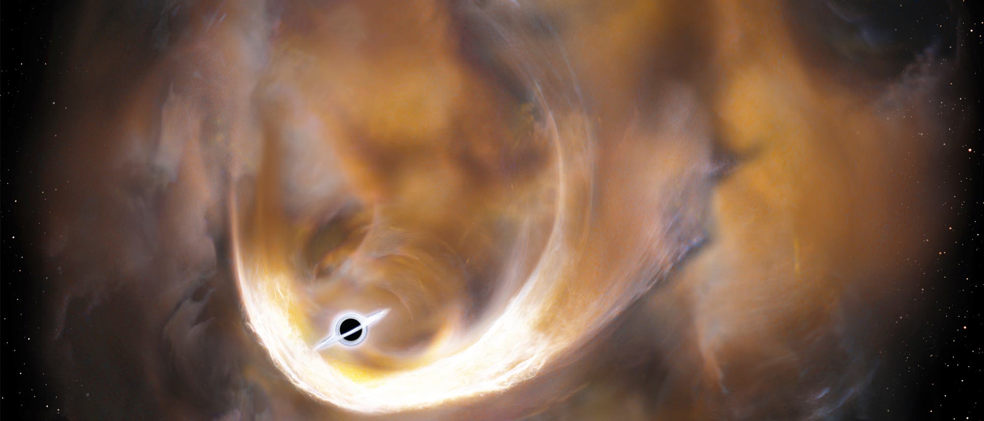 Eine Gaswolke auf ihrer Bahn um ein Schwarzes Loch mittlerer Masse wird in dessen Gravitationsfeld zerstreut (künstlerische Darstellung). 
