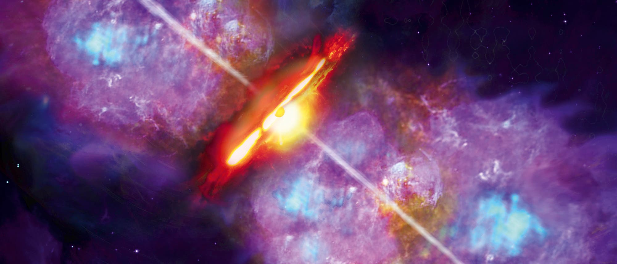 In dieser künstlerischen Darstellung von S255IR-NIRS3, einer zirkumstellaren Scheibe um einen massereichen jungen Stern mit bipolarem Materieauswurf, so genannten Jets, kommt es zu einem plötzlichen Anstieg der Ak­kre­tions­ra­te und damit zu einem Helligkeitsausbruch. 