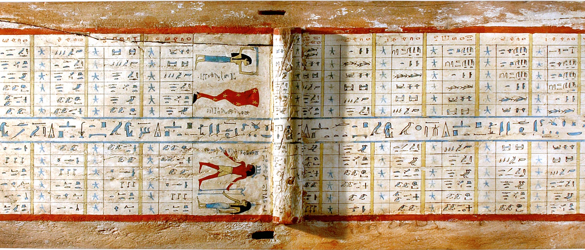 Der 4000 Jahre alte Sarg des Idi aus dem ägyptischen Assiut enthält auf der Innenseite des Deckels eine astronomische Tafel. In den einzelnen Feldern der Tabelle stehen in Hieroglyphenschrift die Namen von Sternen, die sich in einem diagonal verlaufenden Muster wiederholen. 
