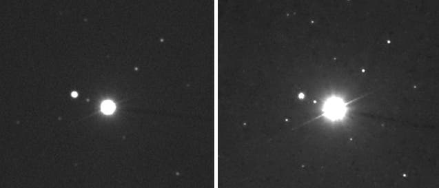 Diese Aufnahmen veranschaulichen den großen Schwankungsbereich der Helligkeit von Mira. Im Minimum ist sie kaum heller als der rund zwei Bogenminuten nordöstlich von ihr stehende Stern HD 14411.