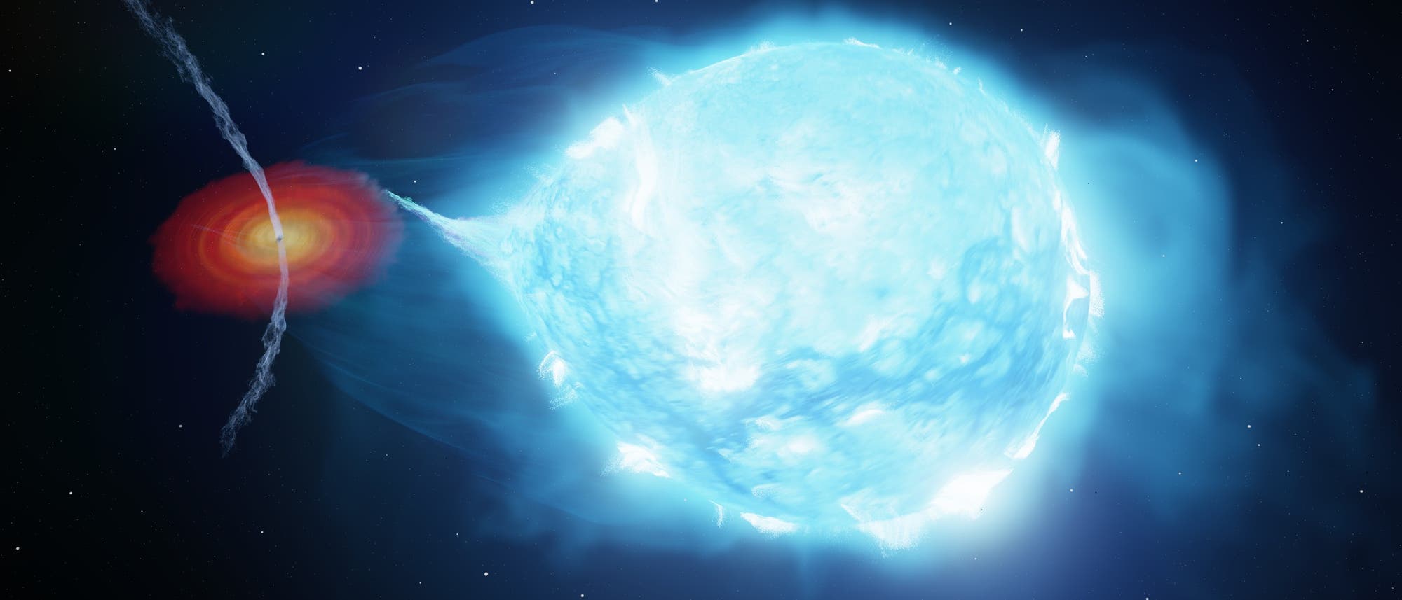 Illustration eines astronomischen Ph&auml;nomens: Ein blauer &Uuml;berriese befindet sich rechts im Bild, w&auml;hrend links ein rot leuchtendes Objekt, ein Schwarzes Loch, Materie vom Stern anzieht. Ein heller Materiestrom flie&szlig;t vom Stern zum Schwarzen Loch, das von einer rotierenden Akkretionsscheibe umgeben ist. Der Hintergrund zeigt einen dunklen Weltraum mit vereinzelten Sternen.