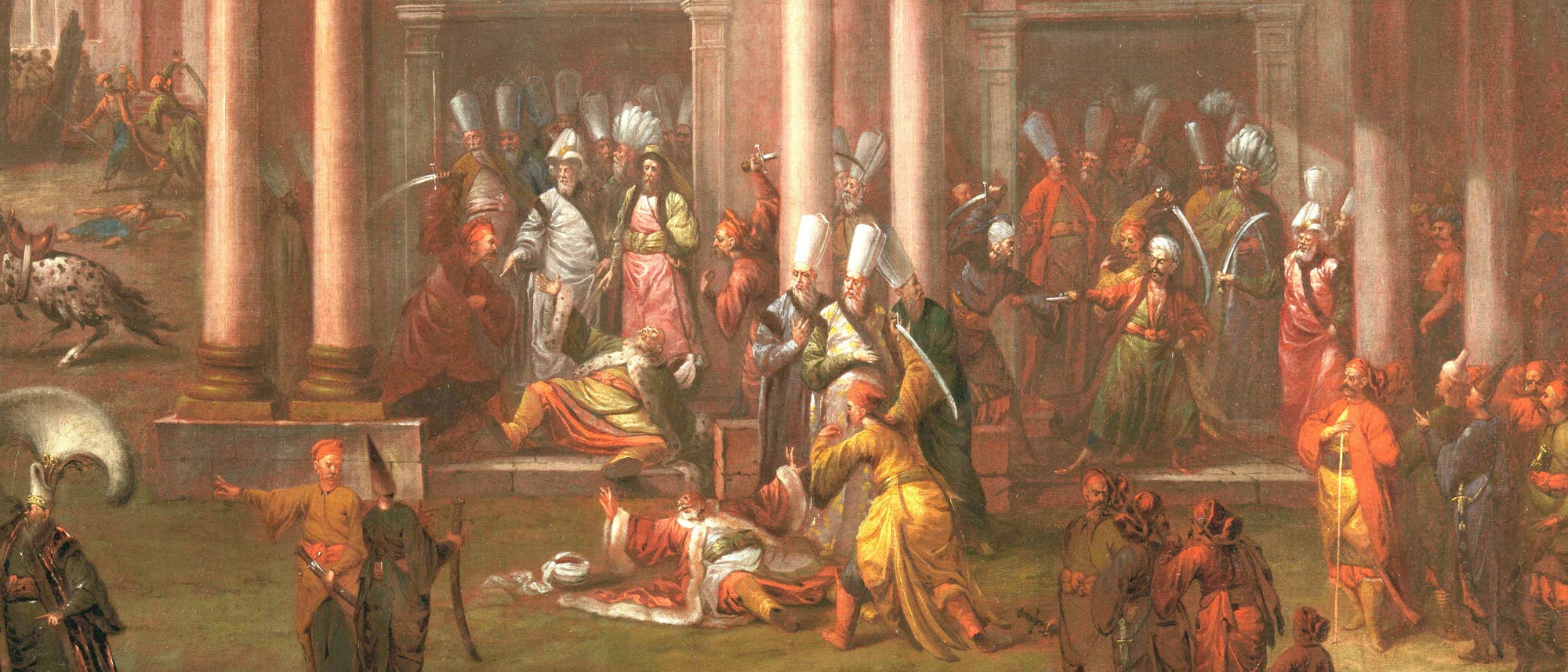 Eine historische Szene zeigt eine Gruppe von Menschen in traditioneller Kleidung vor einem Geb&auml;ude mit S&auml;ulen. Im Vordergrund sind mehrere Personen in lebhaften Gespr&auml;chen oder Handlungen vertieft. Im Hintergrund sind weitere Figuren und architektonische Details zu sehen. Die Szene vermittelt eine Atmosph&auml;re von Aktivit&auml;t und kultureller Bedeutung.