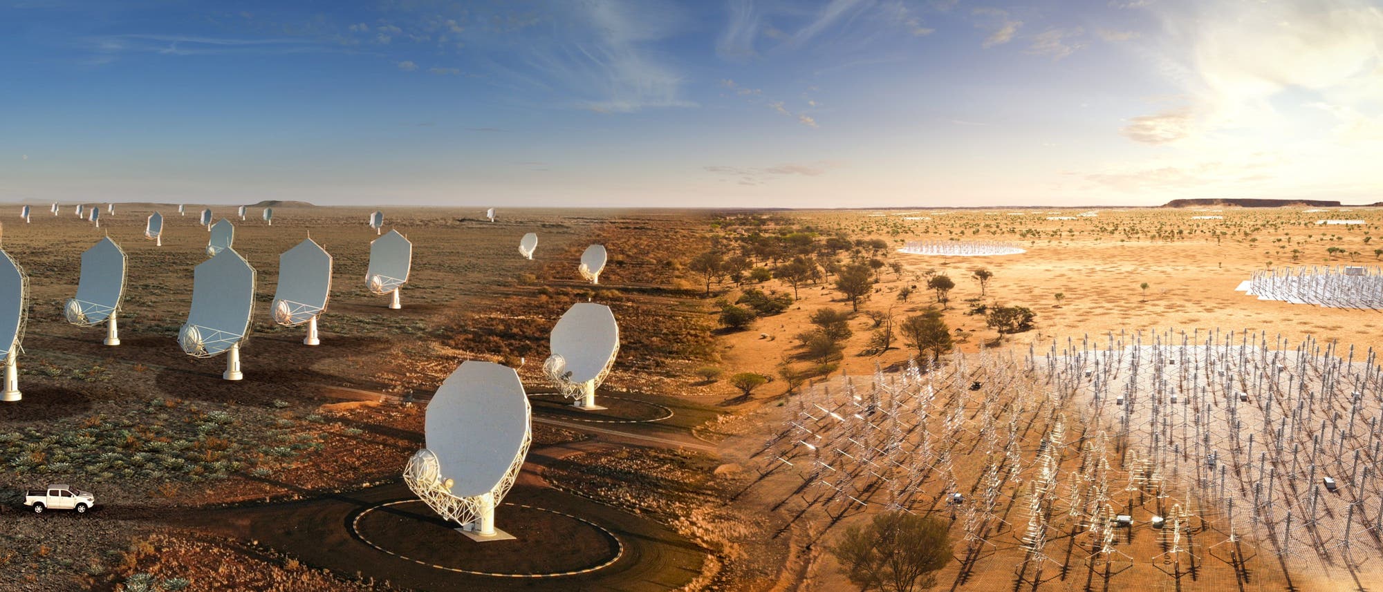 Eine weite Wüstenlandschaft mit zahlreichen großen, weißen Radioteleskopen, die in Reihen angeordnet sind. Links im Bild ist ein Geländewagen zu sehen, der neben den Teleskopen parkt. Der Himmel ist klar und blau, mit einigen wenigen Wolken. Die Szene vermittelt ein Gefühl von Weite und technologischem Fortschritt in der Erforschung des Weltraums. Eine weite Wüstenlandschaft mit zahlreichen großen, weißen Radioteleskopen, die in Reihen angeordnet sind. Links im Bild ist ein Geländewagen zu sehen, der neben den Teleskopen parkt. Der Himmel ist klar und blau, mit einigen wenigen Wolken. Die Szene vermittelt ein Gefühl von Weite und technologischem Fortschritt in der Erforschung des Weltraums.