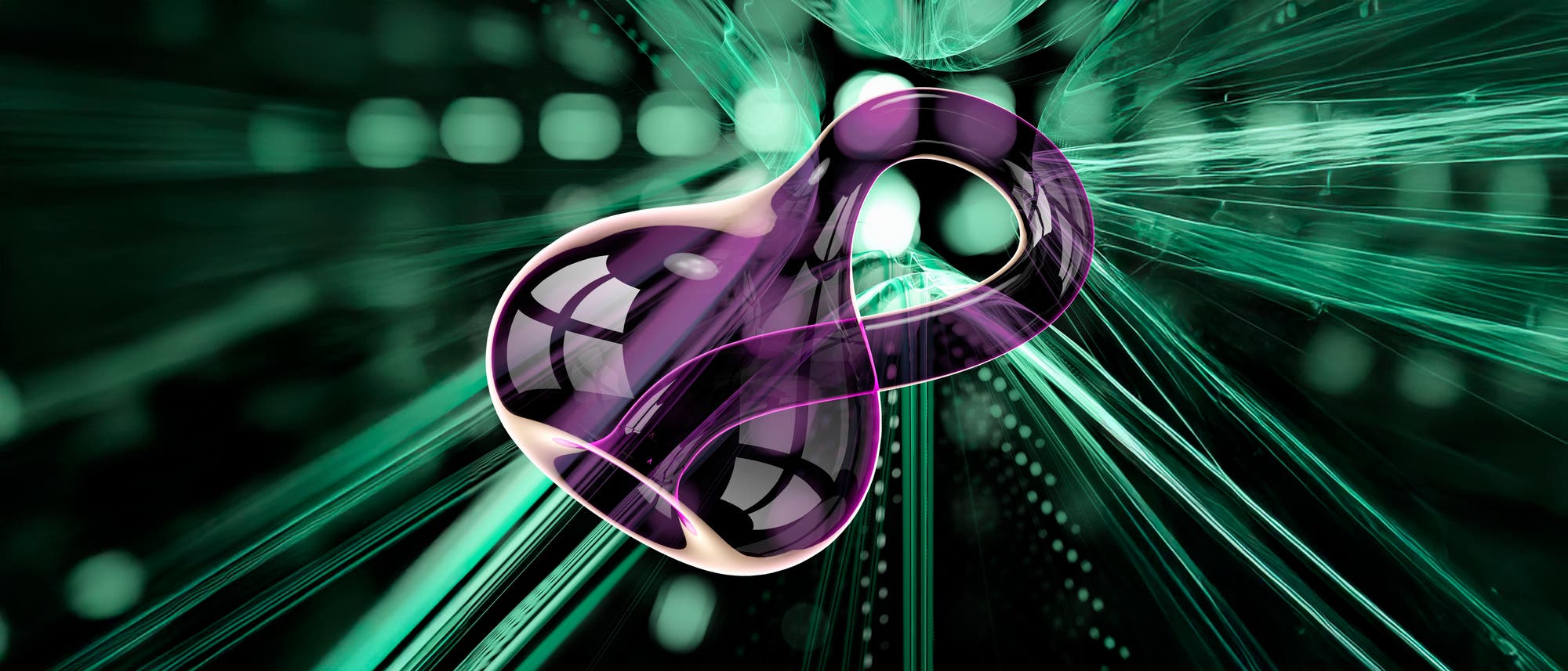 Eine abstrakte 3D-Darstellung zeigt eine geschwungene, transparente Struktur in Lila, die in einem dynamischen, grün-schwarzen Hintergrund schwebt. Die Struktur reflektiert Licht und erzeugt einen futuristischen Effekt. Der Hintergrund besteht aus Linien und Punkten, die Bewegung und Tiefe suggerieren.