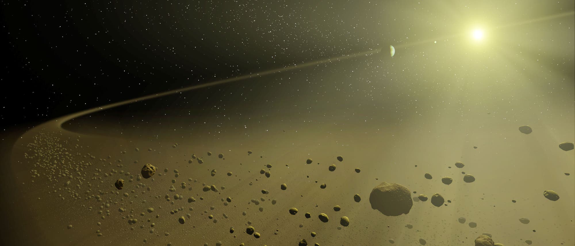 Eine künstlerische Darstellung eines Asteroidengürtels im Weltraum, beleuchtet von einem hellen Stern im Hintergrund. Zahlreiche Asteroiden unterschiedlicher Größe schweben im Vordergrund, während ein planetenähnliches Objekt in der Ferne sichtbar ist. Die Szene ist in warmen Gelbtönen gehalten, die das Licht des Sterns widerspiegeln.