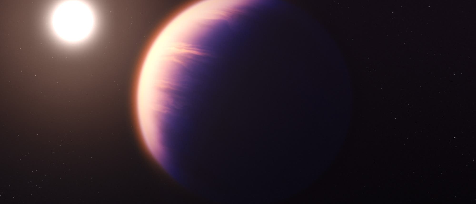 Illustration des Exoplaneten WASP-39b, eines Gasriesen, der von einem Stern angestrahlt wird.