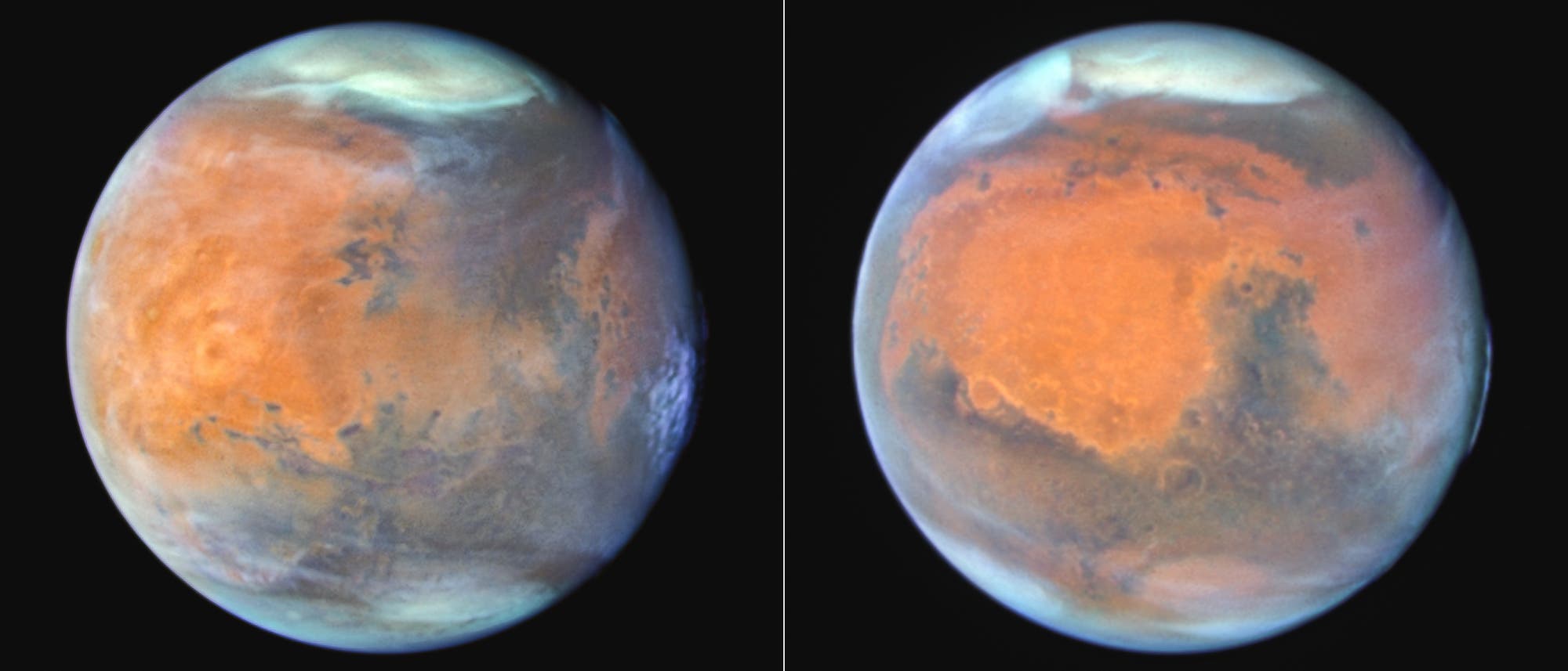 Zwei nebeneinander liegende Bilder des Planeten Mars, aufgenommen am 28. Dezember 2024 um 20:00 UT und am 29. Dezember 2024 um 13:18 UT. Beide Bilder zeigen die charakteristische rötliche Oberfläche des Mars mit dunklen und hellen Bereichen, die unterschiedliche geologische Merkmale darstellen. Oben ist eine weiße Polkappe sichtbar. Die Bilder verdeutlichen die Rotation des Planeten innerhalb eines Tages.