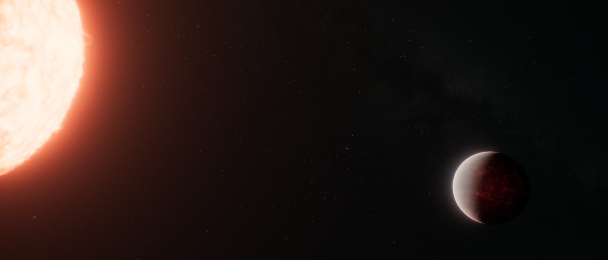 Konzeptdarstellung eines astronomischen Szenarios mit einem leuchtenden Stern links und einem Planeten rechts im Bild. Der Stern strahlt ein intensives, rötliches Licht aus, während der Planet teilweise im Schatten liegt und eine dunkle, rötliche Oberfläche zeigt. Im Hintergrund ist ein Sternenfeld zu sehen. Unten links steht der Text "Artist's Concept". Konzeptdarstellung eines astronomischen Szenarios mit einem leuchtenden Stern links und einem Planeten rechts im Bild. Der Stern strahlt ein intensives, rötliches Licht aus, während der Planet teilweise im Schatten liegt und eine dunkle, rötliche Oberfläche zeigt. Im Hintergrund ist ein Sternenfeld zu sehen. Unten links steht der Text "Artist's Concept".