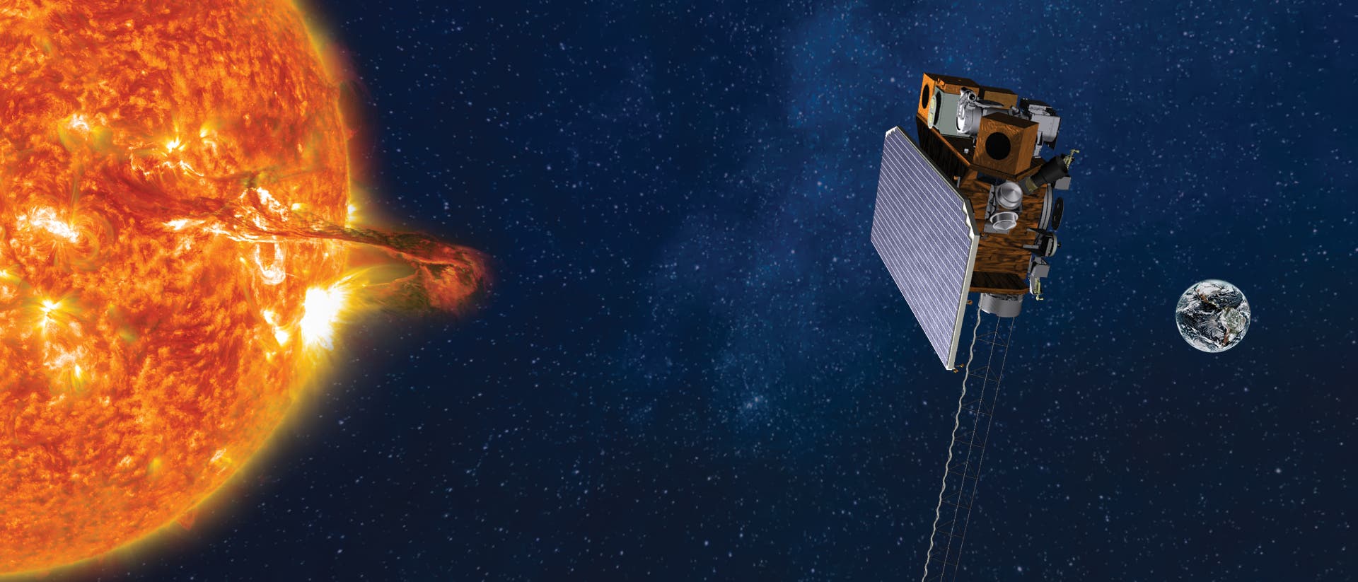 Eine Illustration der Erde im Weltraum, mit einem Satelliten, der in der Nähe vorbeifliegt. Der Satellit ist von einem leuchtenden orangefarbenen Licht umgeben, das seine Bewegung und Geschwindigkeit andeutet. Die Erde zeigt deutlich die Kontinente Nord- und Südamerika, während der Weltraum im Hintergrund mit kleinen Sternen gesprenkelt ist. Das Bild vermittelt ein Gefühl von Dynamik und technologischem Fortschritt in der Raumfahrt.