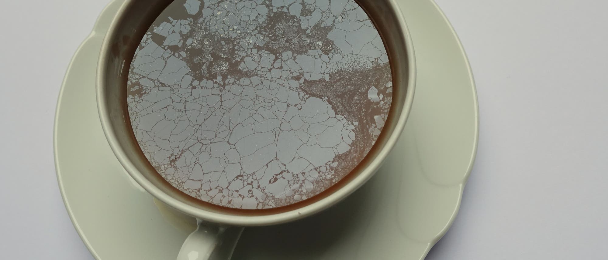 In einer Tasse Schwarztee wird das Grau des bedeckten Himmels von einem feinen, glatten Belag reflektiert