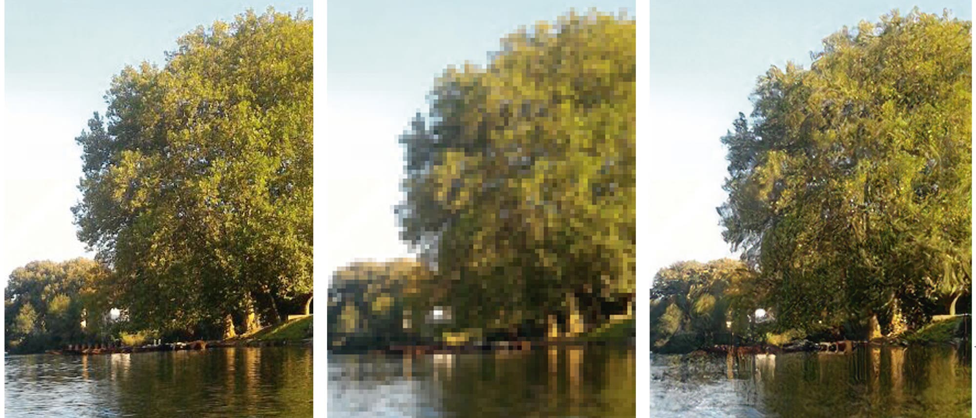 Aus einem Bild, das wegen viel zu geringer Pixelzahl (Mitte) das Original (links) nur mangelhaft wiedergibt, errechnet ein neuronales Netz Rekonstruktionen (rechts), die dem Original nahekommen.