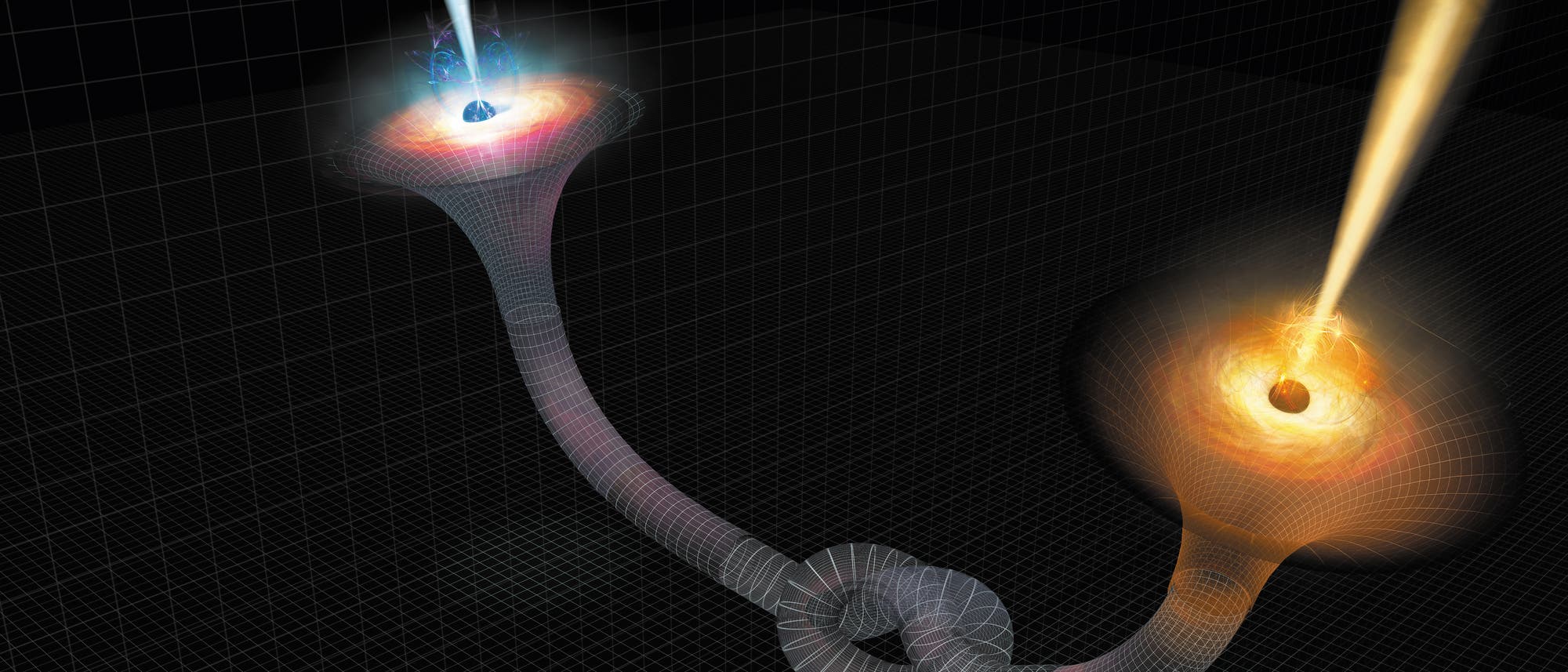 Schwarze Löcher könnten auf überraschende Weise verbunden sein, hier illustriert durch einen Knoten in der Struktur von Raum und Zeit.