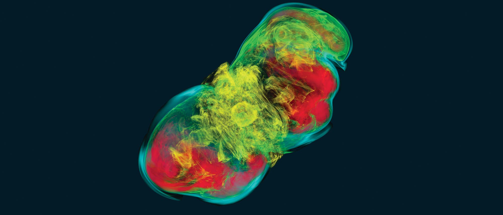In dieser Simulation ist dargestellt, wie ein schnell rotierender Neutronenstern im Zentrum einer Supernova mit seiner magnetischen Energie die Trümmerwolke auseinandertreibt