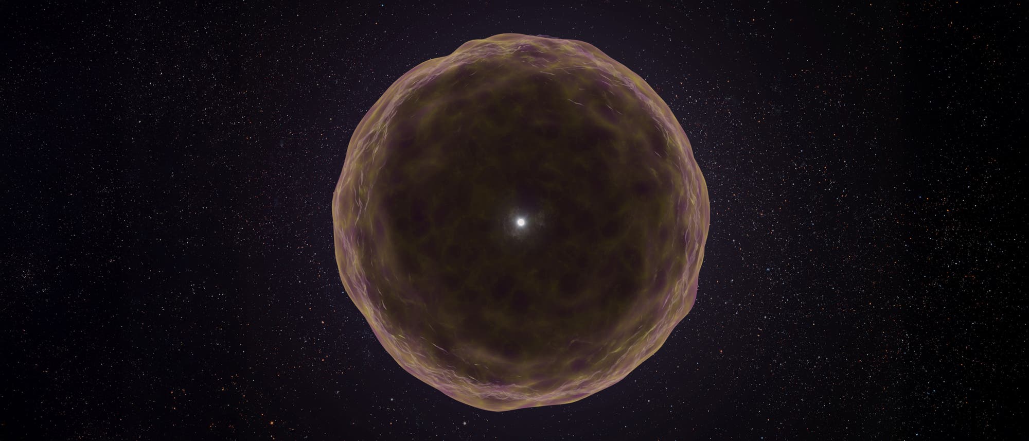 Eine künstlerische Darstellung eines astronomischen Phänomens im Weltraum. Im Zentrum des Bildes befindet sich ein heller Lichtpunkt, umgeben von einer großen, kugelförmigen Struktur mit einer wolkigen, violetten Textur. Der Hintergrund zeigt einen sternenübersäten Nachthimmel. Das Bild vermittelt den Eindruck eines kosmischen Ereignisses, möglicherweise einer Supernova oder eines Nebels. Schlüsselwörter: Astronomie, Weltraum, kosmisches Ereignis, Supernova, Nebel.