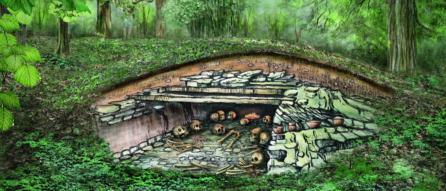 Eine künstlerische Darstellung eines prähistorischen Grabhügels in einem dichten Wald. Die Szene zeigt einen offenen Grabhügel mit freigelegten Skeletten und Schädeln, umgeben von Steinen und Tongefäßen. Die Umgebung ist üppig grün mit verschiedenen Bäumen und Pflanzen, die eine dichte Waldlandschaft bilden. Die Illustration vermittelt eine mystische und historische Atmosphäre, die die Verbindung zwischen Natur und antiken Begräbnisritualen betont. Eine künstlerische Darstellung eines prähistorischen Grabhügels in einem dichten Wald. Die Szene zeigt einen offenen Grabhügel mit freigelegten Skeletten und Schädeln, umgeben von Steinen und Tongefäßen. Die Umgebung ist üppig grün mit verschiedenen Bäumen und Pflanzen, die eine dichte Waldlandschaft bilden. Die Illustration vermittelt eine mystische und historische Atmosphäre, die die Verbindung zwischen Natur und antiken Begräbnisritualen betont.