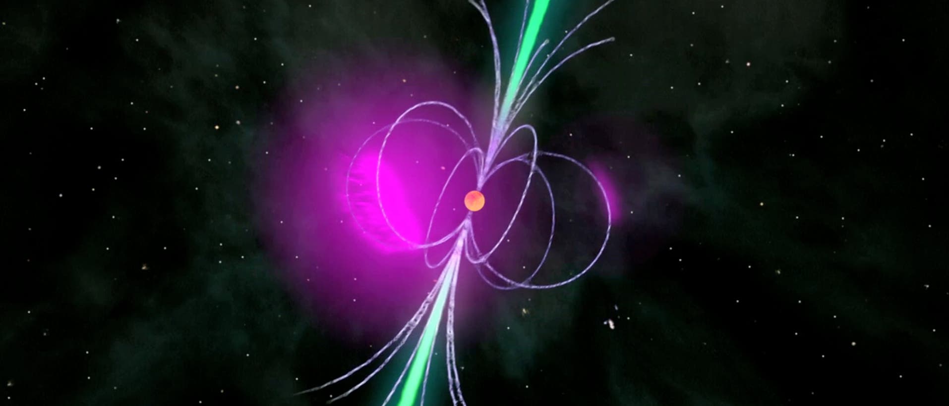 Gammapulsar mit Radiowellen (grün) und Gammastrahlen (violett)