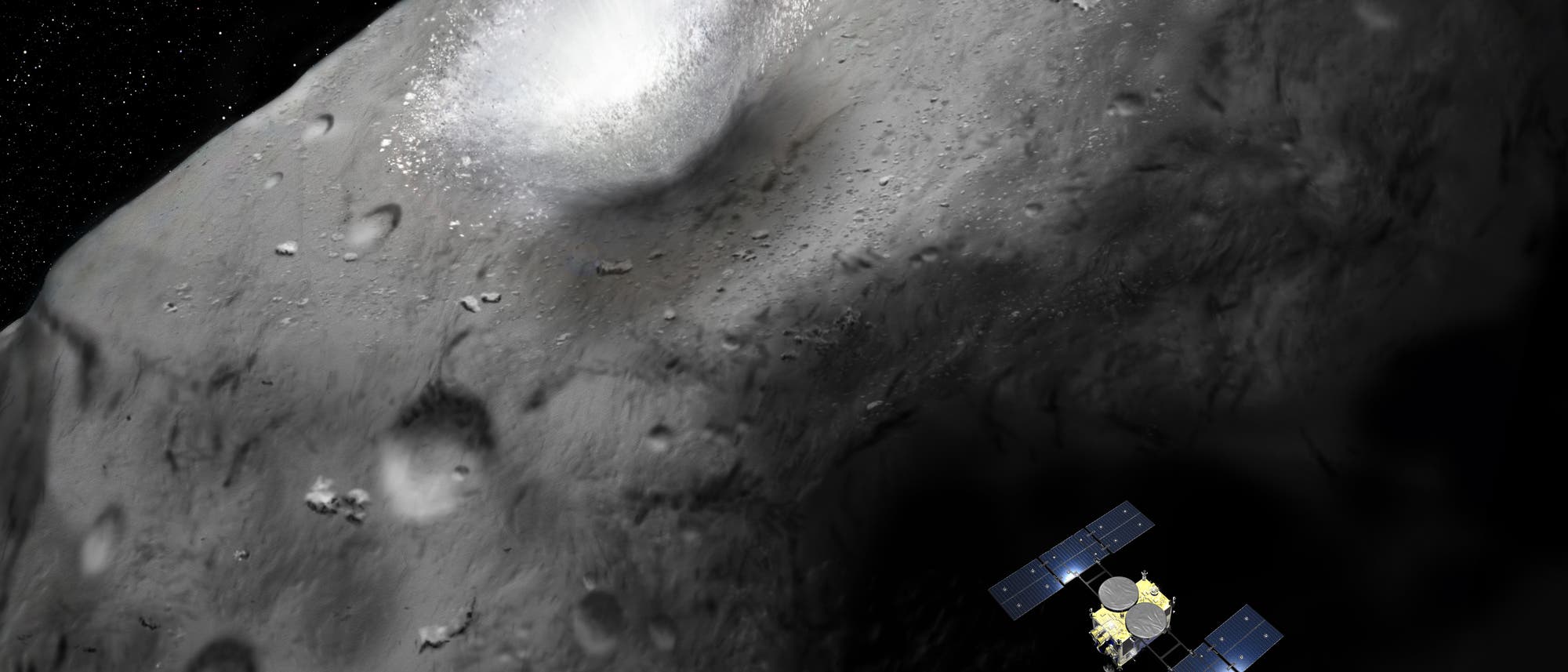 Asteroid Ryugu und Raumsonde Hayabusa-2 (künstlerische Darstellung)